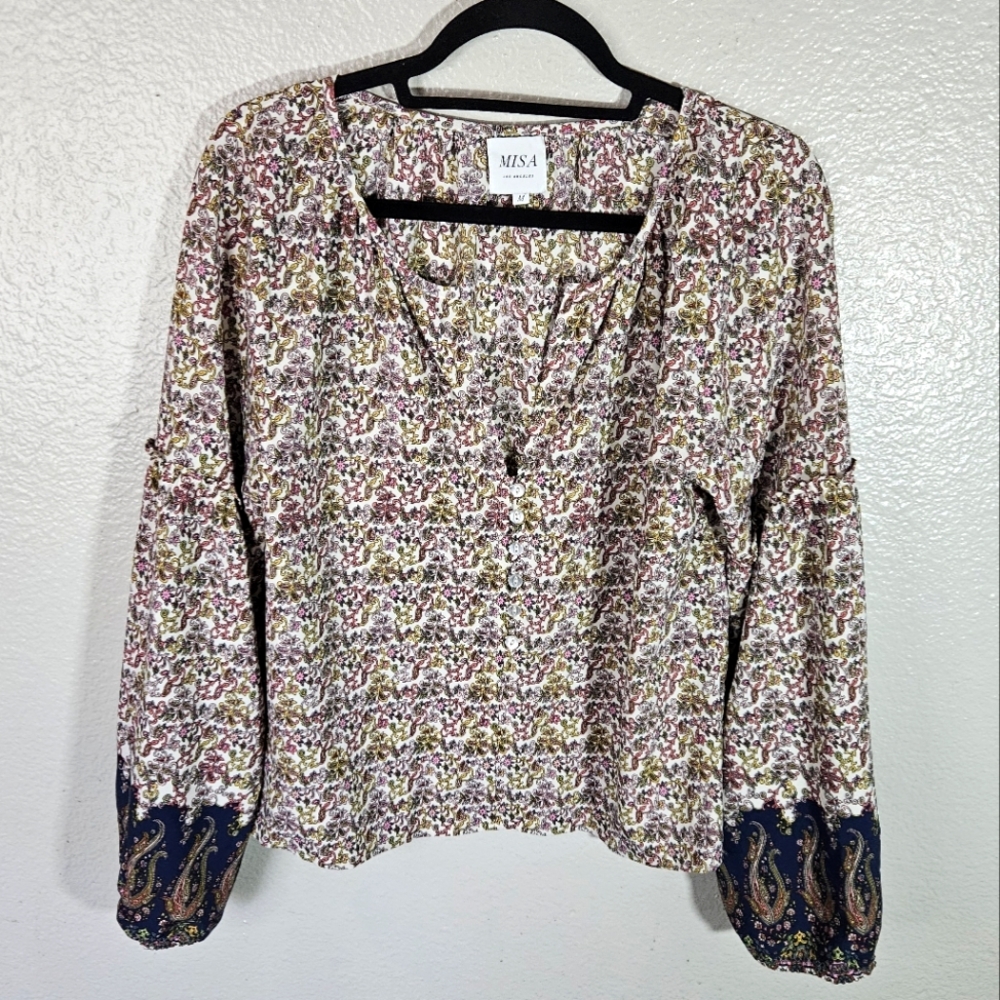 MISA Los Angeles Floral Print Bell Sleeve Crop Top size M